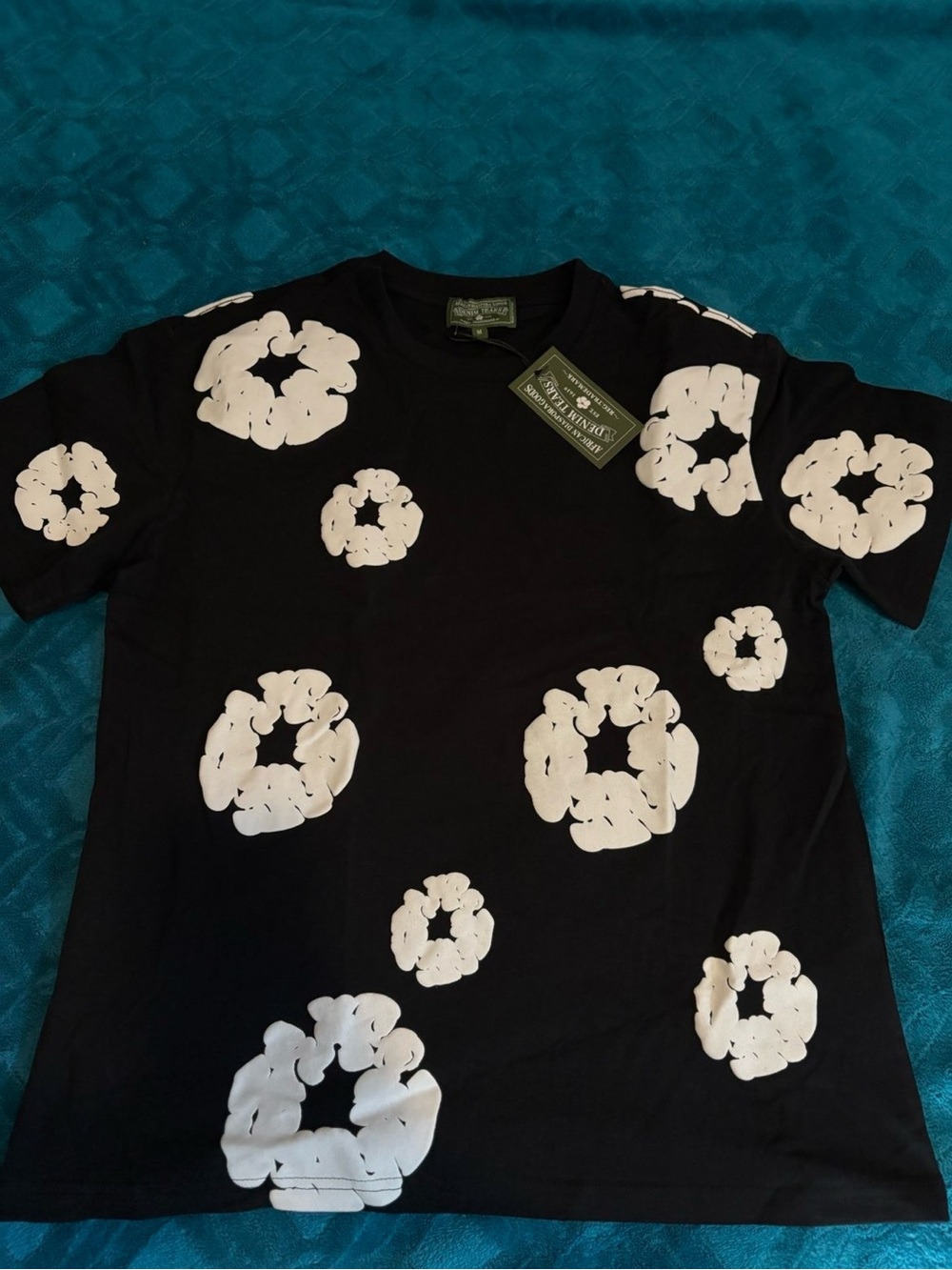 Men's Black Short Sleeve Tee with White Floral Motifs